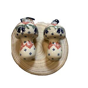 2 Handpainted Boleslawiec Poland Pottery Puffy MUSHROOM Christmas Tree Ornament